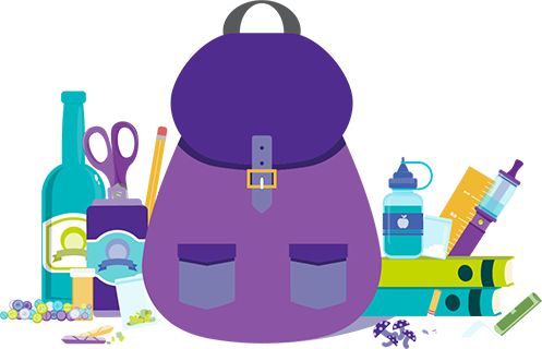 Illustration of backpack, school supplies, drugs and alcohol.