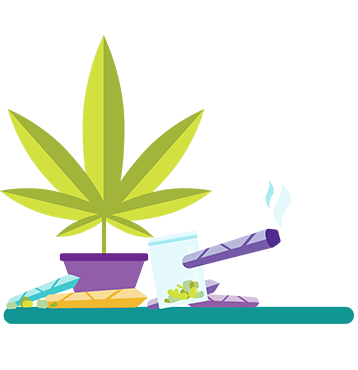 Illustration of a marijuanna plant, joints and a baggie of weed. Nineteen percent of grades 7 to 12 students report smoking cannabis in the past year.