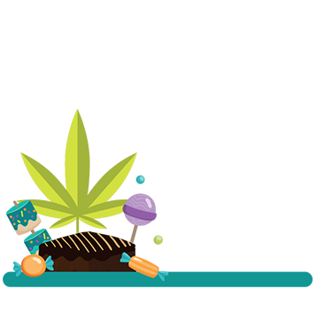 Illustration of a cannabis leaf, candies and a brownie. Eleven percent of grades 9 to 12 students eat cannabis in food products.