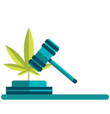 Illustration of a gavel and cannabis leaf. Thirty-five percent of grades 7 to 12 students think cannabis use should be legal for adults.