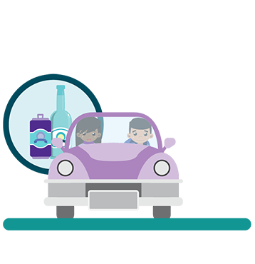 Illustration of two students driving in a car under the influence of alcohol. Four percent of grades 10 to 12 students report drinking and driving.
