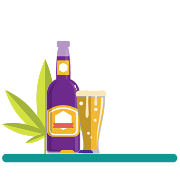 Illustration of a cannabis leaf, wine bottle and a beer pint. Thirteen percent of grades 7 to 12 students used alcohol and cannabis on the same occasion at least once in the past year.