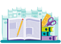 Illustration of an open book and school supplies.