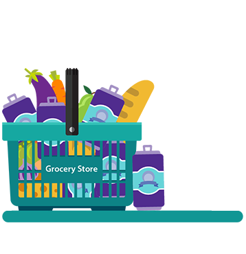 Illustration of a grocery basket filled with groceries and beer. Thirty-five percent of grades 9 to 12 students believe it would be easier to buy beer at the grocery store vs. LCBO.