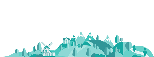 Illustration of Ontario countryside with hills and footpaths.