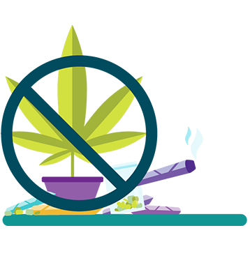 Illustration of cannabis plant, joints and a bag of weed overlapped by a prohibition sign. Sixty-two percent of grades 7 to 12 students do not intend to use cannabis even if legalized.