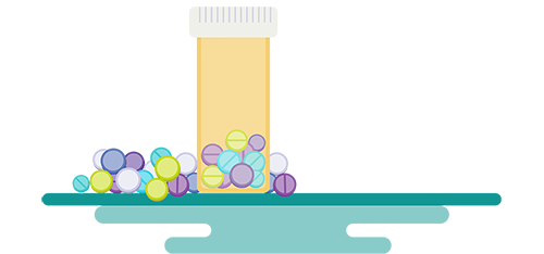 Opioid pills and bottle illustration. Eleven percent of grades 7 to 12 students report using nonmedical opioids in the past year.
