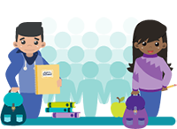 Illustration of students and school supplies.