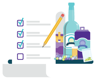 Illustration of a survey with alcohol and drugs in the background.