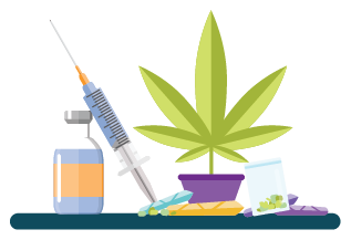 Illustration of a cannabis plant, joints and an injection needle.