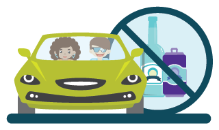 Illustration of students in an 1980s style vehicle with an alcohol prohibition sign.