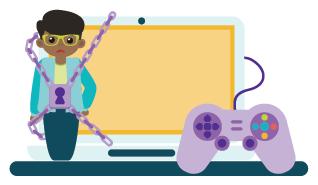 Illustration of boy chained to computer and video game controller.