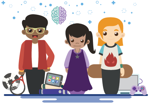Illustration of students with electronic devices and sporting equipment.