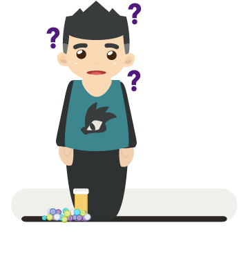 Illustration of confused student with a bottle of medication and question marks surrounding their head. 31 per cent of students want to talk to someone about their mental health.