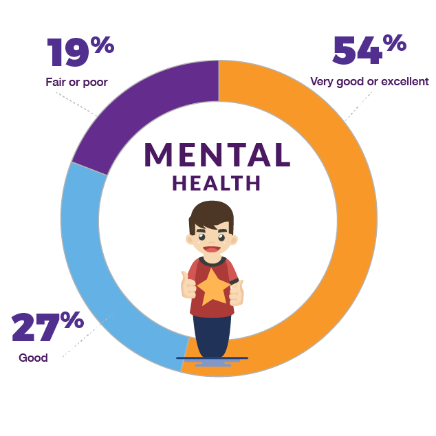Pie chart showing students rating of ther mental health: 54 percent rate it is good or very good, 27 percent say good and 10 percent say fair to poor
