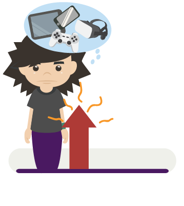 Illustration of student with a dream bubble over their head. The bubble is full of images of electronic equipemnt such as VR goggles, a gaming controller, a cell phone and a tablet. 5 percent report symptoms that may suggest a serious problem with technology use.