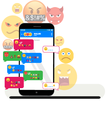 Illustration of a mobile phone with mean looking avatoars sending several messages to a sad face. 21 percent report being cyber-bullied.