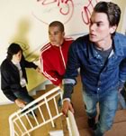 Teens climbing stairs 