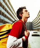 Teen courtyard of apartment knapsack 