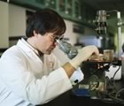 Lab worker looking in microscope