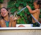 Mother daughter playing outside
