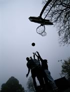 Basketball players silhouetted